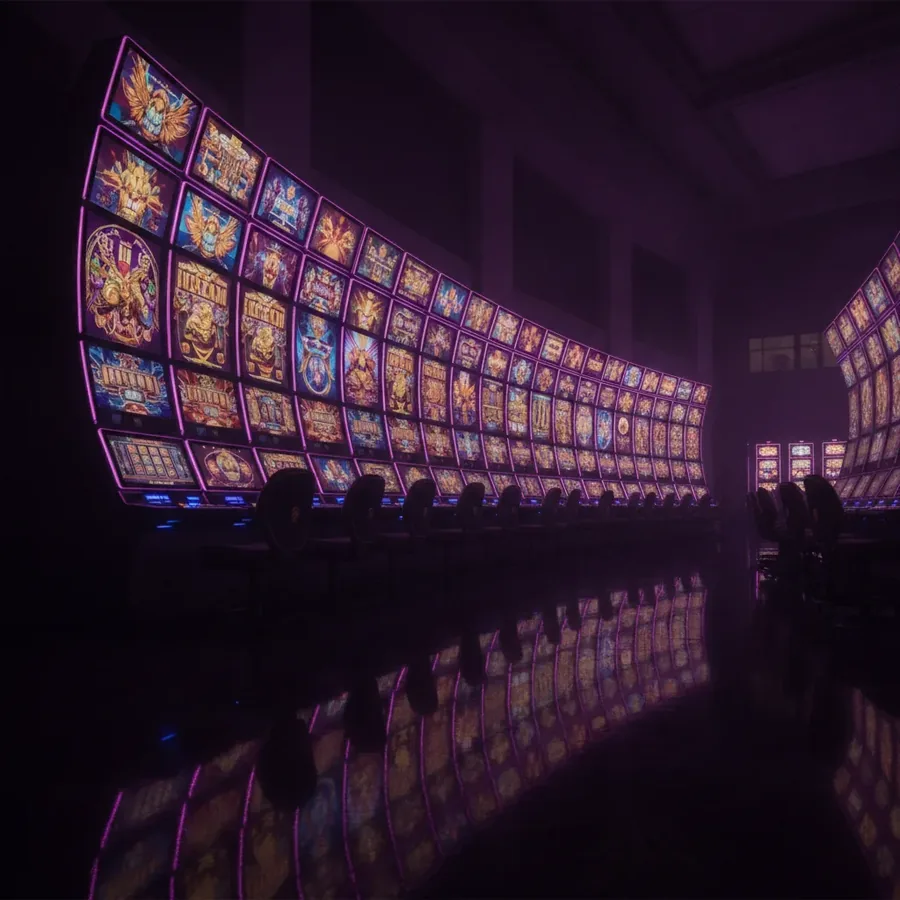 Reihe leuchtender Video-Slot-Bildschirme in einem dunklen Casinosaal